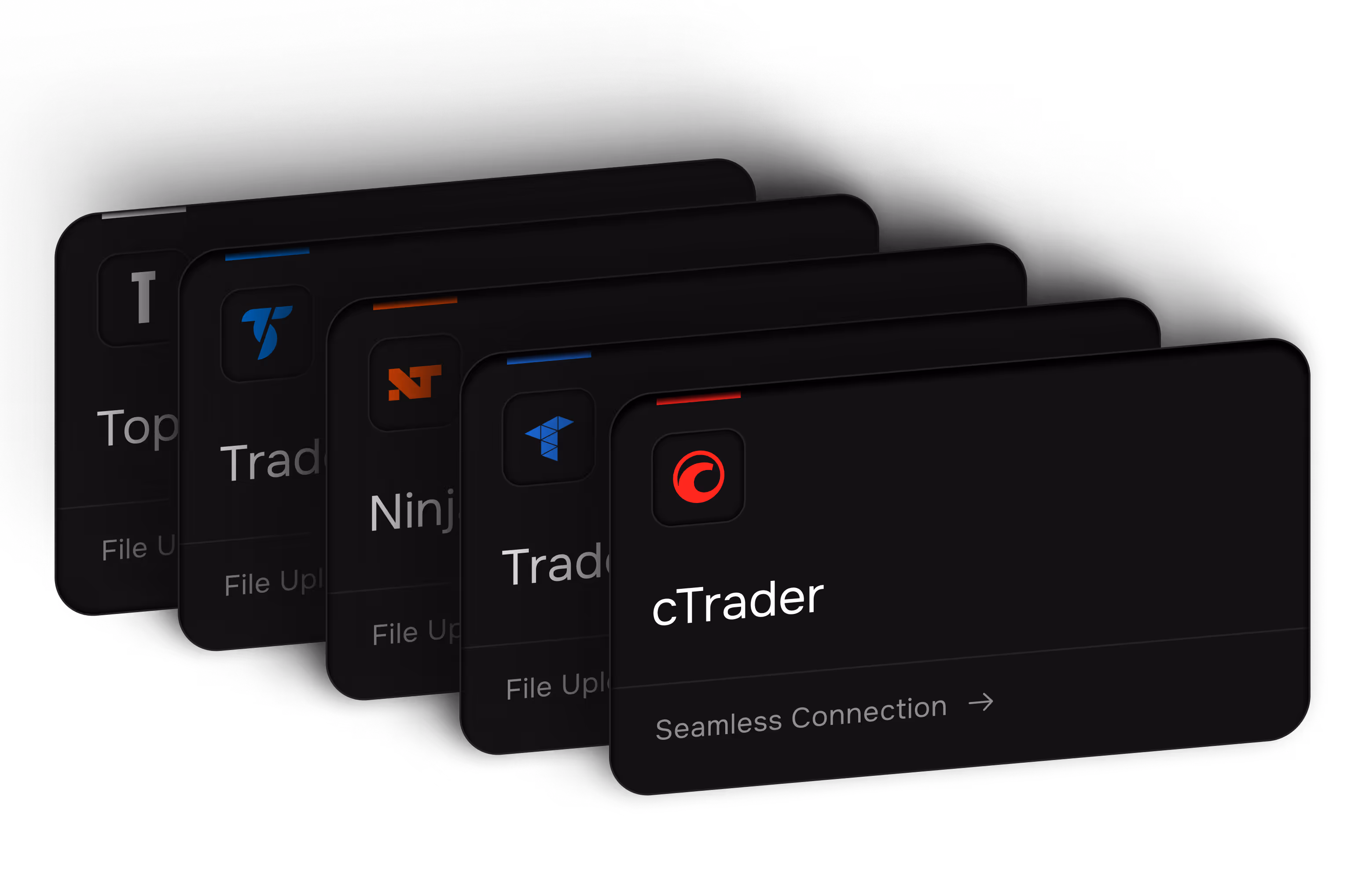 Supported broker connection cards for cTrader, Tradovate, NinjaTrader, TradeStation and Topstep