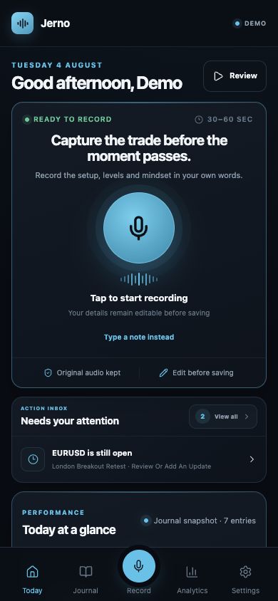 Jerno Today dashboard with voice capture and daily performance